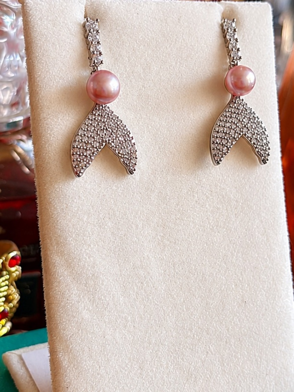 Pink Pearl & Silver Mermaid Tail Drop Earrings